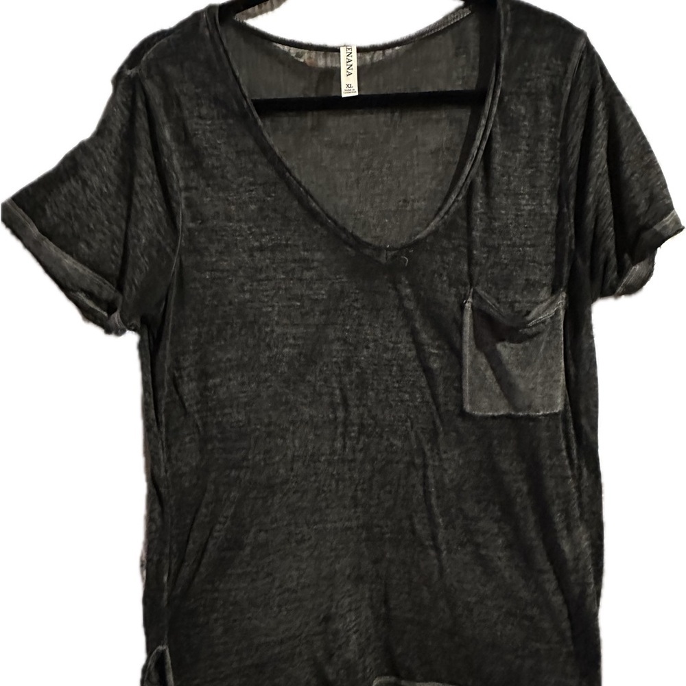 Zenana Slub Knit Charcoal V-Neck Tee with Pocket